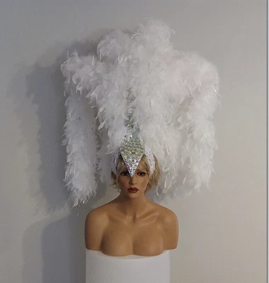 $429 • Buy Feather Headdress Showgirl Samba Carnival Pageant Ab Stone Lace Appliqué Cap