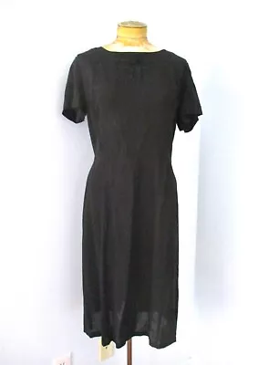 Vtg 40s 50s Black Rayon Crepe Gothic Mourning Dress Ribbon Embroidery L/XL • $32