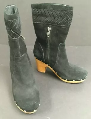 UGG Annaliza Black Suede Leather Womens Mid Boots Clog  Wood Heels With Studs  • $46.98