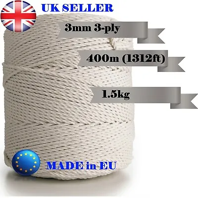  400m 3mm -3ply Natural Cotton Cord  Macrame Artisan String Crochet Yarn • £1.30