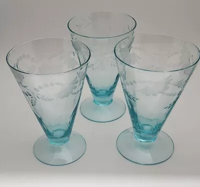 Set Of Three Aqua Blue Footed Tumblers Tea Glasses Etched Floral Morgantown?  • $18.99