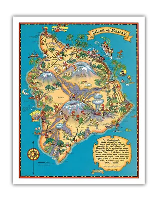 Hawaiian Island Big Island Map - Vintage Colored Cartographic Map C.1941 • $22.98