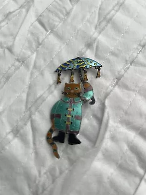Zarah Sterling Silver Cloisonne Enamel Raining Fish Umbrella Cat Brooch • $44.95
