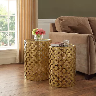 Set Of 2 Moroccan Style Round Gold Nesting Side Tables Metal W/Mirror Top Accent • $170.60