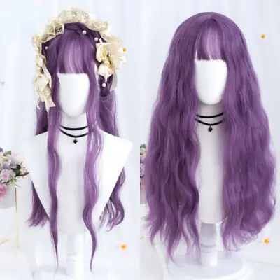 Long Wavy Purple Cosplay Synthetic Wigs Lolita Bangs Party Heat Resistant Wig • £56.57