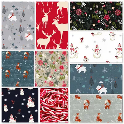 Festive Christmas Cotton Jersey Fabric Snowmen Stags Polar Bears Winter Foxes   • £8.50