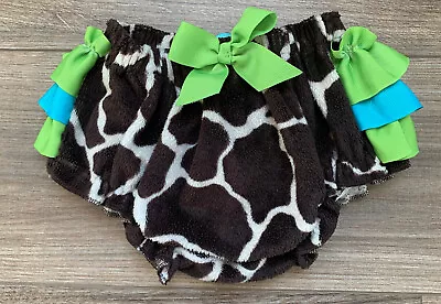 Mud Pie Ruffled Diaper Cover SZ 12-18mo Brown Giraffe Print W/ Green & Teal Bows • $6