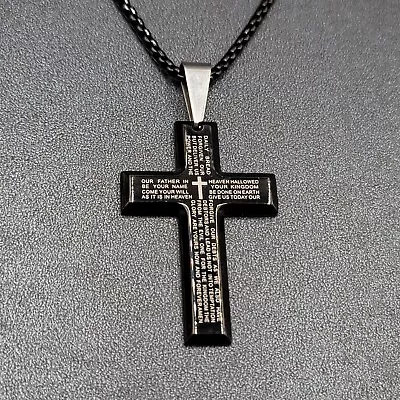 Mens Black Stainless Steel Cross Bible Lords Prayer Pendant Chain Necklace 21  • $12