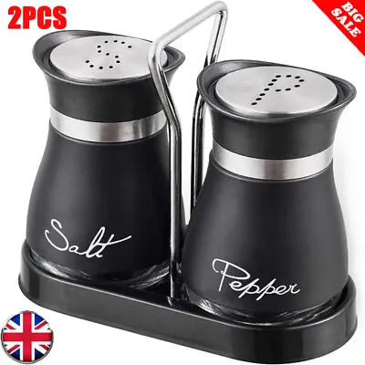 Pack Of 2 Salt And Pepper Shakers Pots Dispensers Cruet Jars Set With Holder • £8.99