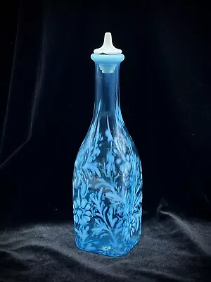 Rare Antique Opalescent Square Blue Glass Bitters/Barber Bottle Daisy & Fern 8” • $125
