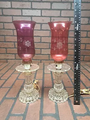 Vintage Retro Clear Pink Pressed Glass Hurricane Style Swag Lamps  • $48.50