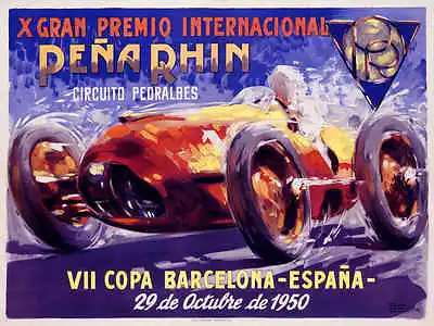 VINTAGE 1950 BARCELONA GRAND PRIX AUTO RACING POSTER PRINT 27x36 9 MIL PAPER • $39.95