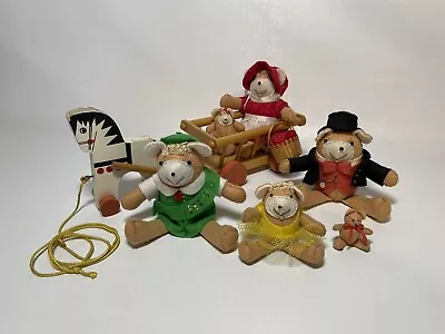 1960’s Mini Bear Family Of 6 Handmade Artist Bears & Vintage Wooden Horse Cart • $49