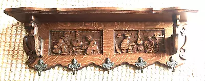 Old Wood Oak Coat Rack Wall Shelf 33  Long Cherub Brass Hooks Carved • $299.99