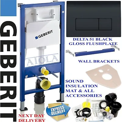 Geberit Wall Hung Toilet Frame With Black Gloss Flushplate Brackets & Mat Wc • £279