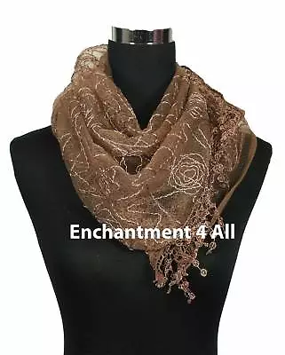 Triangular Floral Lace Scarf Wrap Crochet Edging Brown • £11.96