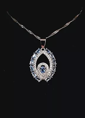 Violet Tanzanite With Imitation Diamonds 925 Sterling Silver Pendant & Necklace • £20