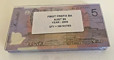 2006 Australia RBA $5 Banknote First Prefix BA06 Consecutive Run Of 100. UNC . • $1979.99