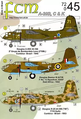 FCM Decals 1/72 DOUGLAS A-20 HAVOC Or BOSTON III Medium Bomber • $14.99