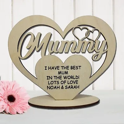 Happy Mothers Day Gift Best Mum Mummy Personalised Wooden Heart Plaque Birthday • £3.98