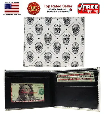 $9.49 • Buy The Day Of The Dead Skulls White Leather Bi-Fold Bifold Wallet