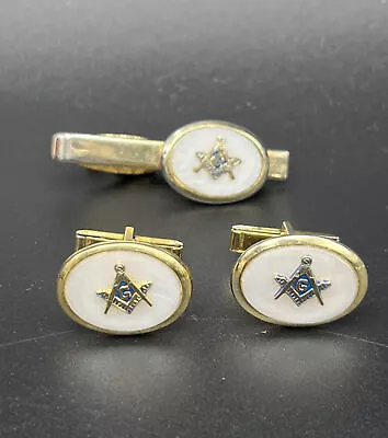 Masonic Mother Of Pearl Cuff Links Tie Bar Clip Pin Lodge Scottish Rite Shriner • $42