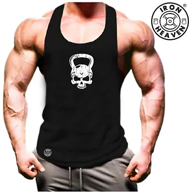 Skull Kettlebell Vest Gym Clothing Bodybuilding Training Workout Boxing Tank Top • £11.03