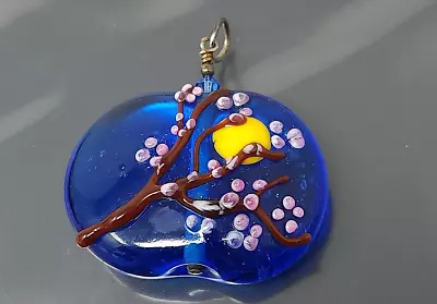 Vintage Navy Blue Venetian Murano Glass Silver Blooming Sakura Pendant • $55