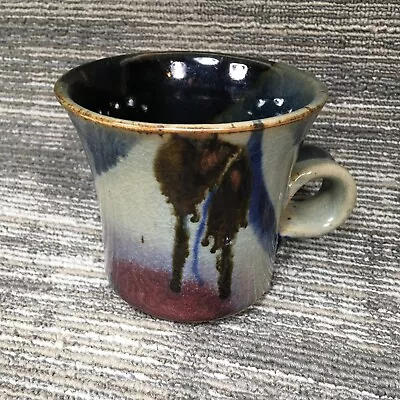 Wide Rim Coffee Mug Handmade Clay Stoneware Studio Pottery Round Handle Red Blue • $48.54