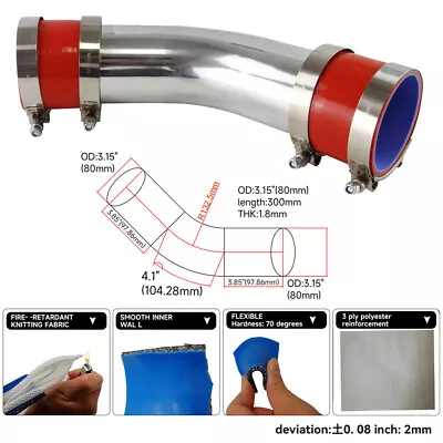 45 Degree 80mm 3.15  Aluminum Turbo Intercooler Pipe+Silicone Hose+Clamps Red • $56.42