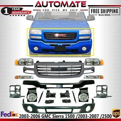 Front Bumper Primed W/ Brackets Kit & Grille+ Fog For 03-06 GMC Sierra 1500 2500 • $838.17