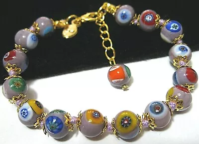 PURPLE Millefiori Venetian Murano Glass Bead Vintage Style BRACELET New Gift • £14.80