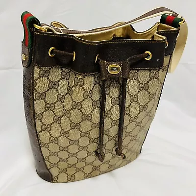 Vintage GUCCI Auth Drawstrings Sherry Line Shoulder Bag GG Brown Leather & PVC • $245