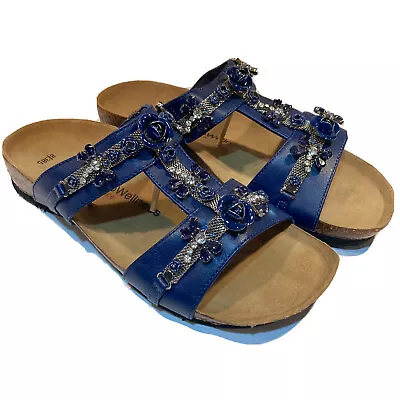$28.20 • Buy Euro Wellness Cork Heel Blue Jeweled Dragonfly Beaded Slip On Sandals ~ Size 8