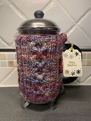 Hand Knitted Pink Multi Cafetiere Cosy With Wooden Buttons. • £5.49