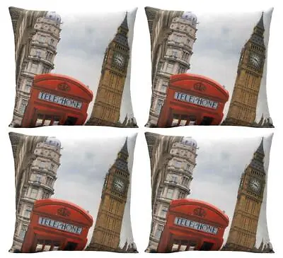 Set Of 4 London Phone Boxes & Big Ben Photo Print 17  Cushion Covers RRP £25 • £5.99