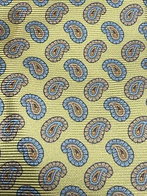 ISAIA NAPOLI 7 FOLD 100% Silk Necktie Yellow Blue Paisley Italy Mens • $49.99