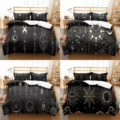 Golden Moon Sun Tarot Stars Black Quilt Duvet Cover Set Twin Full Bed Linen Kids • $54.99