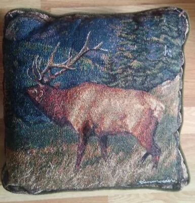 Elk Tapestry Throw Pillow 15 In Green Back Signed (#2) • $16.90