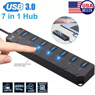USB 3.0 Hub 7 Port On/Off Switch High Speed Splitter AC Adapter Charge PC Laptop • $8.29