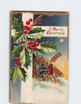Postcard A Merry Christmas With Hollies Embossed Art Print • £20.04