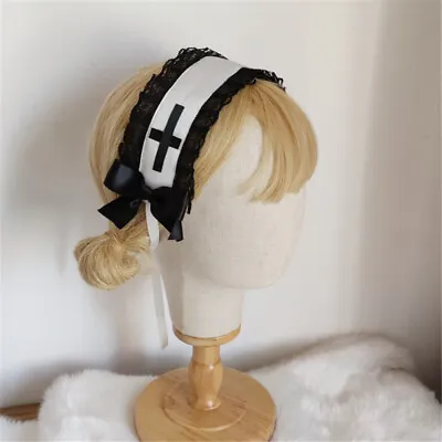 Gothic Lolita Girls Cross Pattern   Brim Headband With Clips Nun Maid Cosplay • $7.99