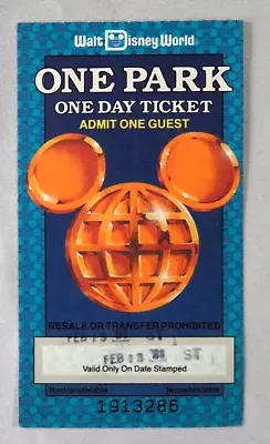 1991 Walt Disney World One Park Day Ticket Pass Magic Kingdom Epcot Center • $9.99
