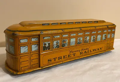 Vintage Tin Sunny Andy Street Railway Toy Large Floor Train Pull Toy Ad-01 • $165