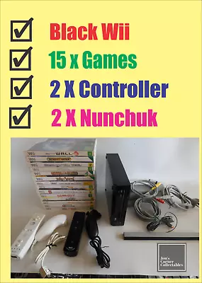 Black Nintendo Wii Console 15 Games 2 Controllers & NunchuksFree Post (14268) • $99.95