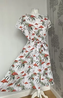 HOBBS Sorrento Flamingo Print Flared Linen Dress Size 14 Tie Waist Summer • £39.99