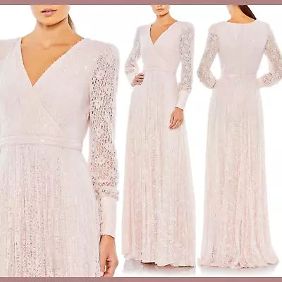 NWT $798 Mac Duggal [ 20 ] Beaded Lace Long Sleeve Wrap Over Gown Rose Q614 • $315.99