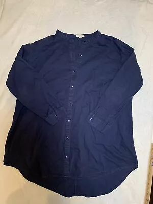 EUC Eileen Fisher Navy Mandarin Collar Button Up Cotton Twill Shirt Tunic 1X-XL • $30.99
