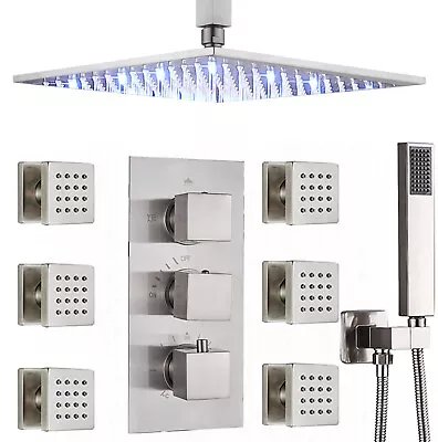 LED Thermostatic Shower Faucet Rainfall Body Massage Jets System W/Hand Spray • $155