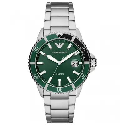Emporio Armani AR11338 Mens Silver Stainless Steel Watch With Green Dial & Bezel • £84.99
